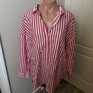 NWT Old Navy The Boyfriend Shirt Red and White Striped Button-Up Shirt Sz XL
